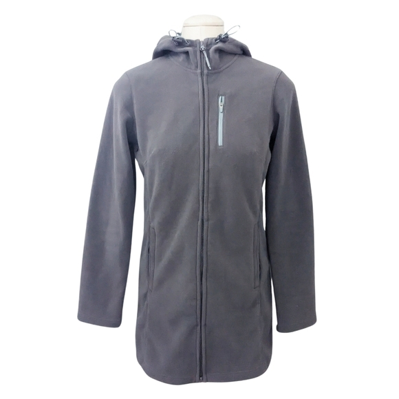 Athleta Womens Swara Fleece Jacket Gray Blue Long Full Zip Hooded Extra Small XS - Picture 1 of 7